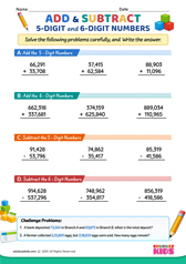 Add and Subtract 5 digit and 6 digit numbers