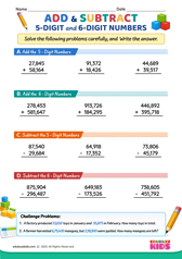 Add and Subtract 5 digit and 6 digit numbers